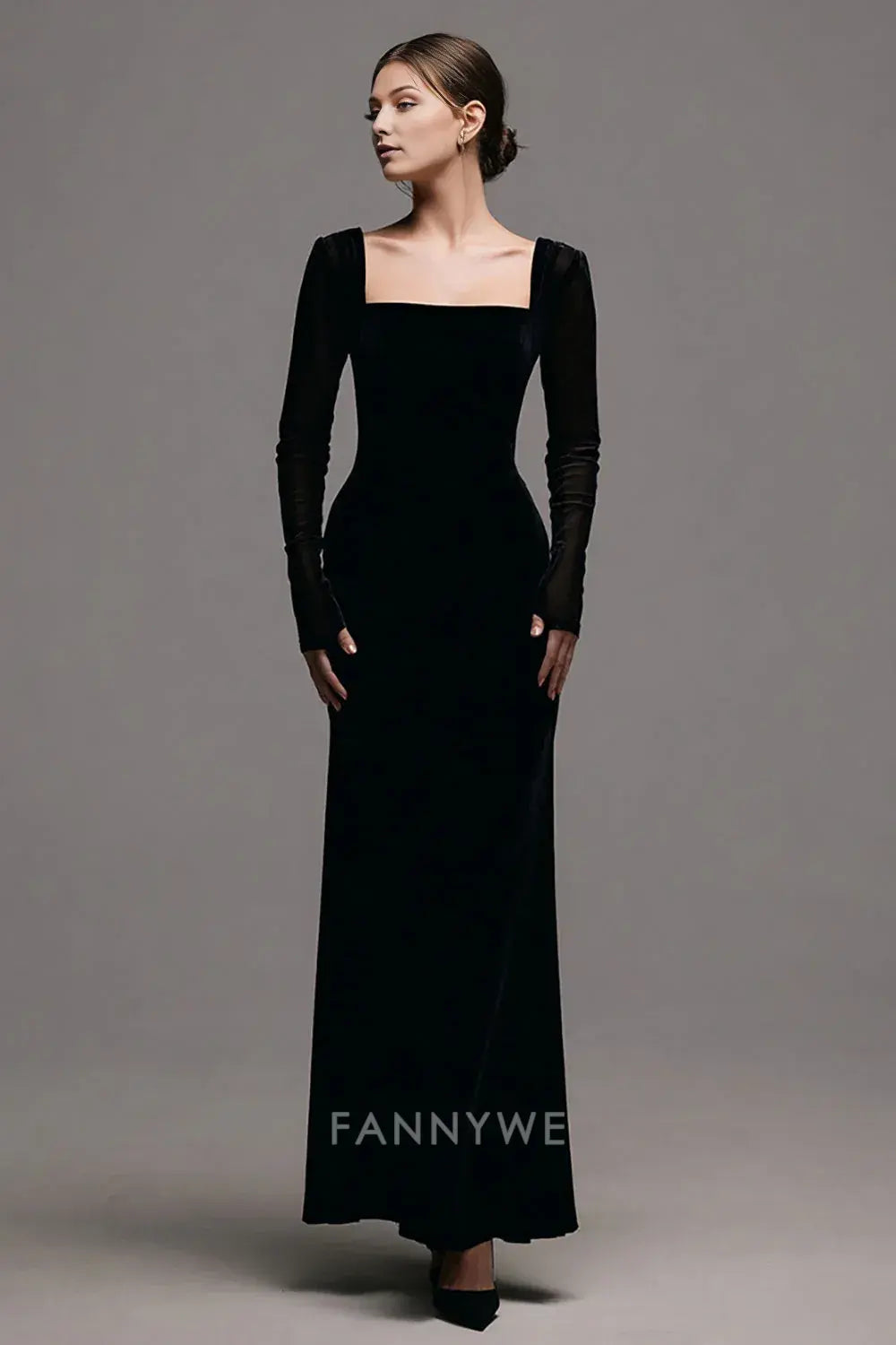 FannyWe Simple Black Velvet Square Neck Sheath Long Holiday Party Dress with Sleeves